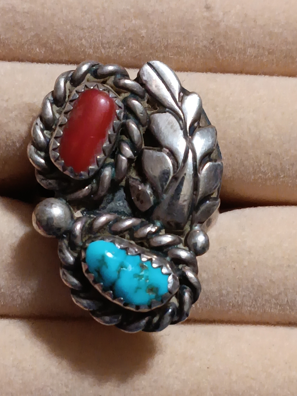 Antique Old Pawn Navajo Coral And Turqoise Statement Ring Unsigned Size 8.5